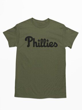 NEW Philadelphia Phillies Script Wordmark Home Logo T-Shirt MILITARY ARMY GREEN